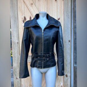 Bernardo Short Black Leather Biker Moto Jacket~L~